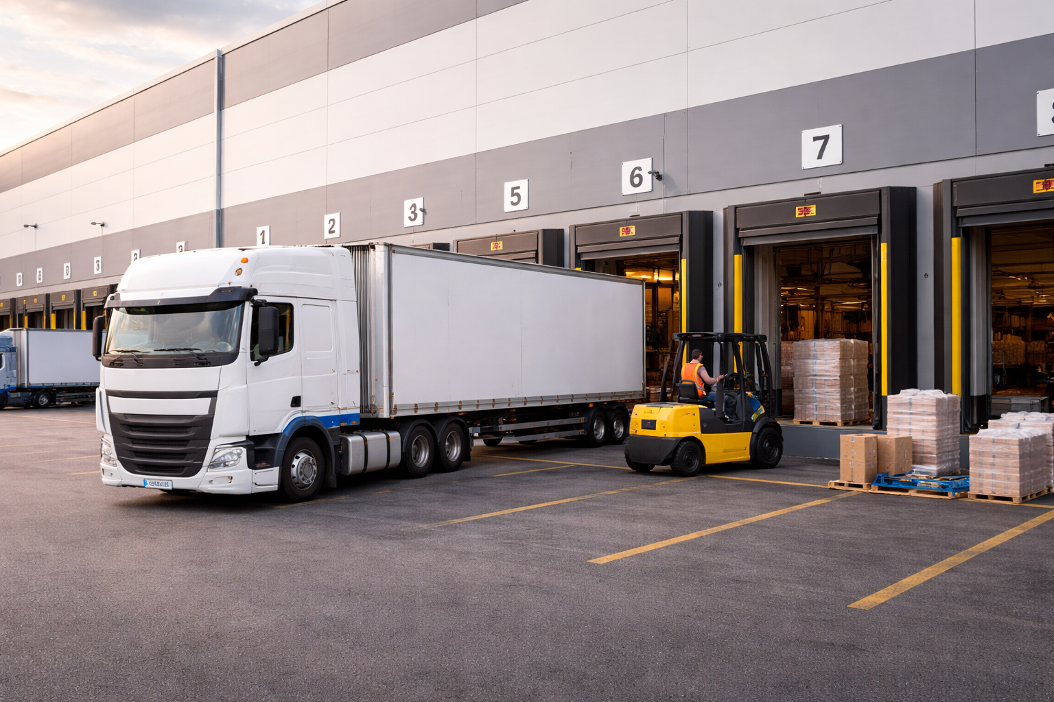 A white semi-truck parked outside a warehouse with loading docks. A worker in an orange vest is operating a yellow forklift, unloading pallets of goods from the warehouse.