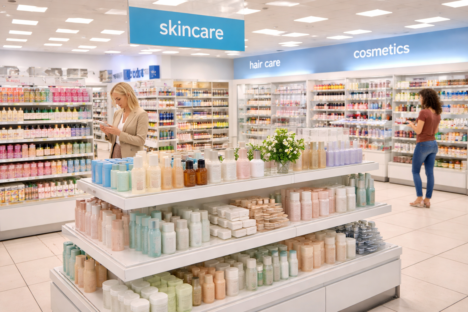Inside a store with a section labeled 'skincare' and shelves filled with various skincare, hair care, and cosmetics products. Two women are browsing and using their phones.