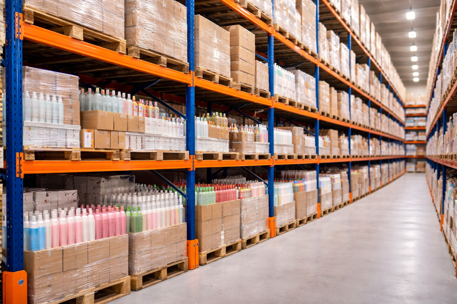 A large warehouse aisle with shelves filled with boxed and bottled products, organized on orange and blue metal racks.