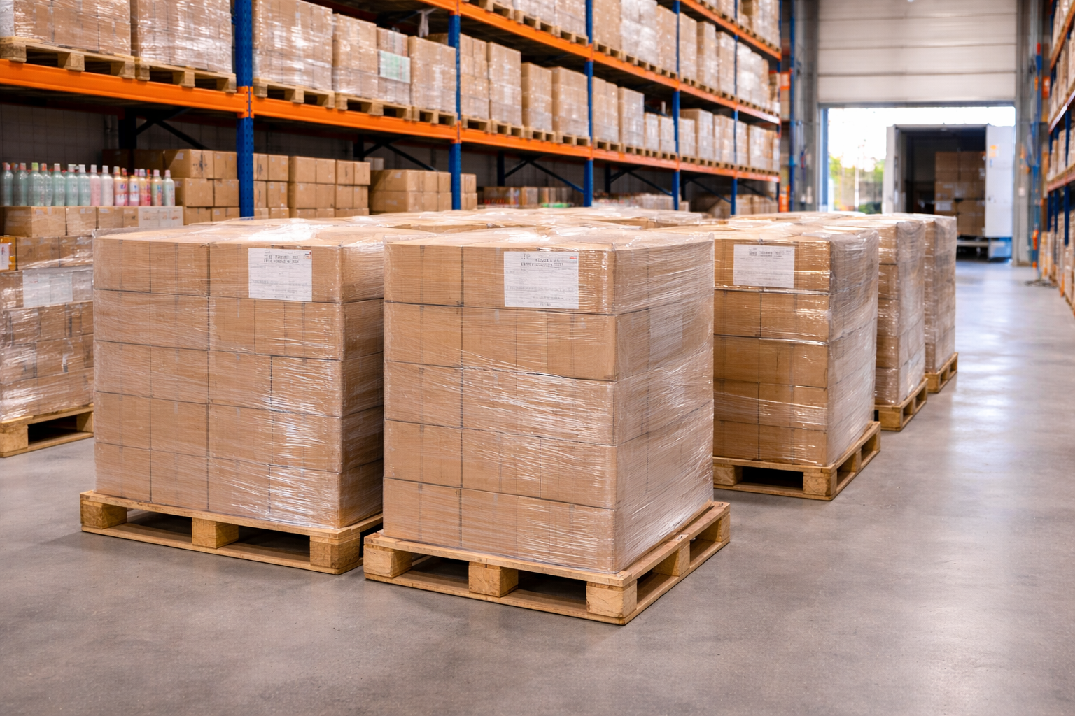 Warehouse with stacked pallets of boxed goods in a spacious storage area.