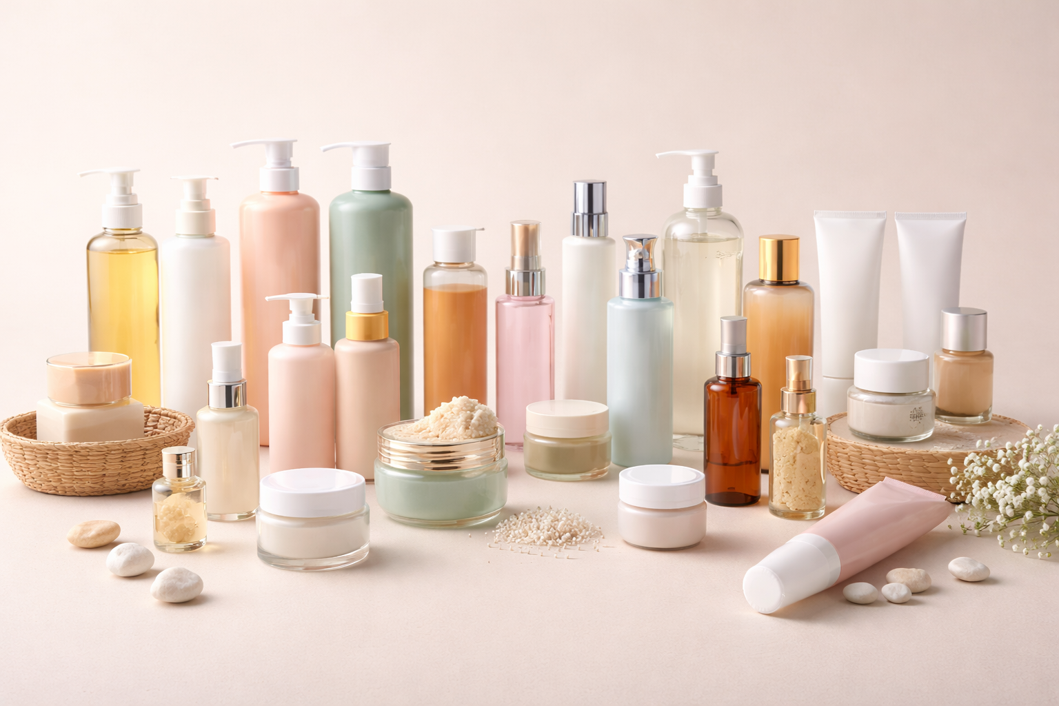 Arrangement of skincare products including bottles, jars, and tubes on a light background with spa stones and white flowers.