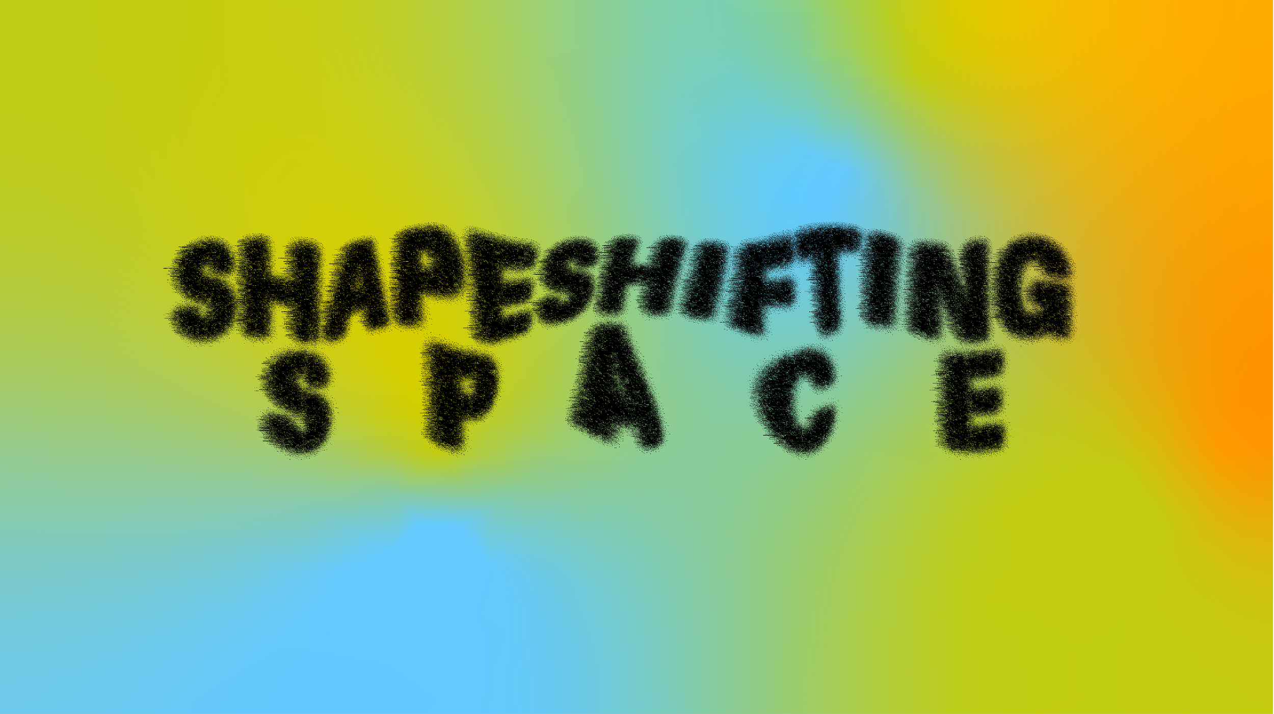 logo shapeshifting space, black letters, green and blue moving background