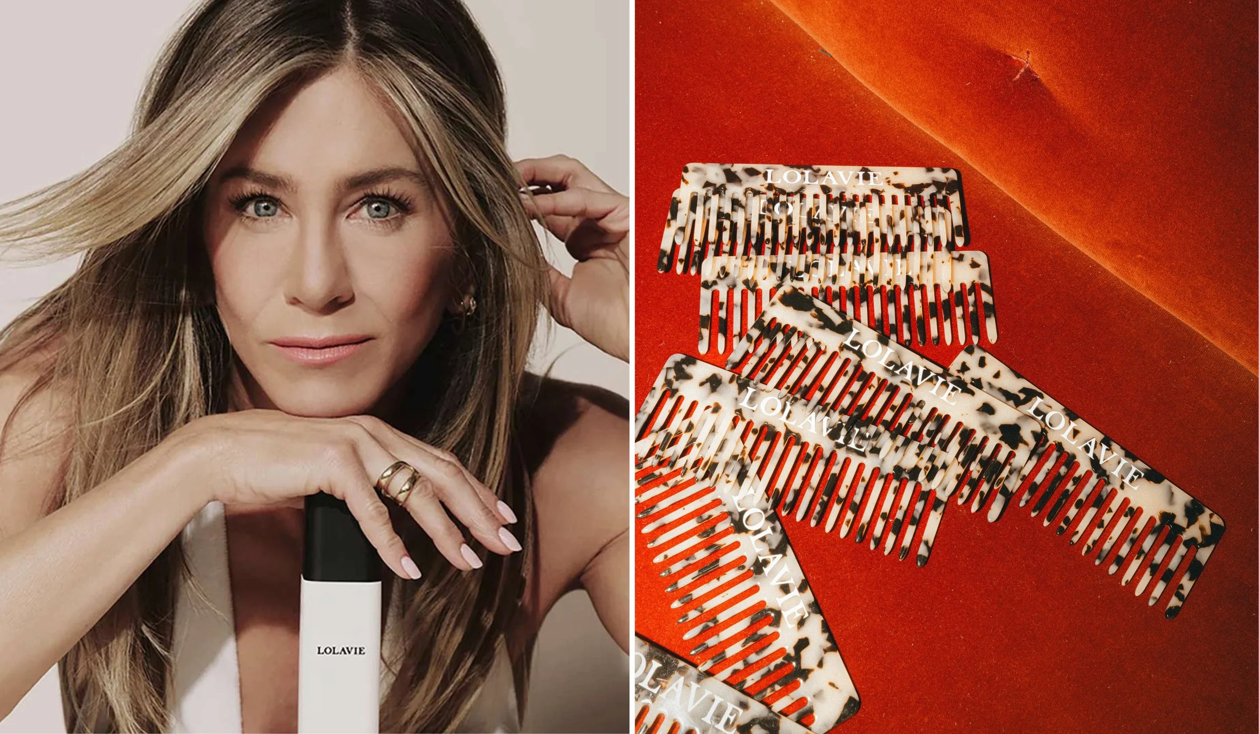 A woman with blonde hair holding a Lolavie hair care product, and a close-up of hair combs with the Lolavie logo on a red surface.