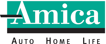 Amica logo with teal background, white text, and black underline, featuring the words 'Auto', 'Home', and 'Life' below.