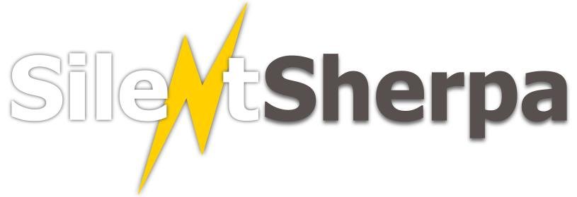 Logo with the text 'SilentSherpa', featuring a yellow lightning bolt cutting through the middle.
