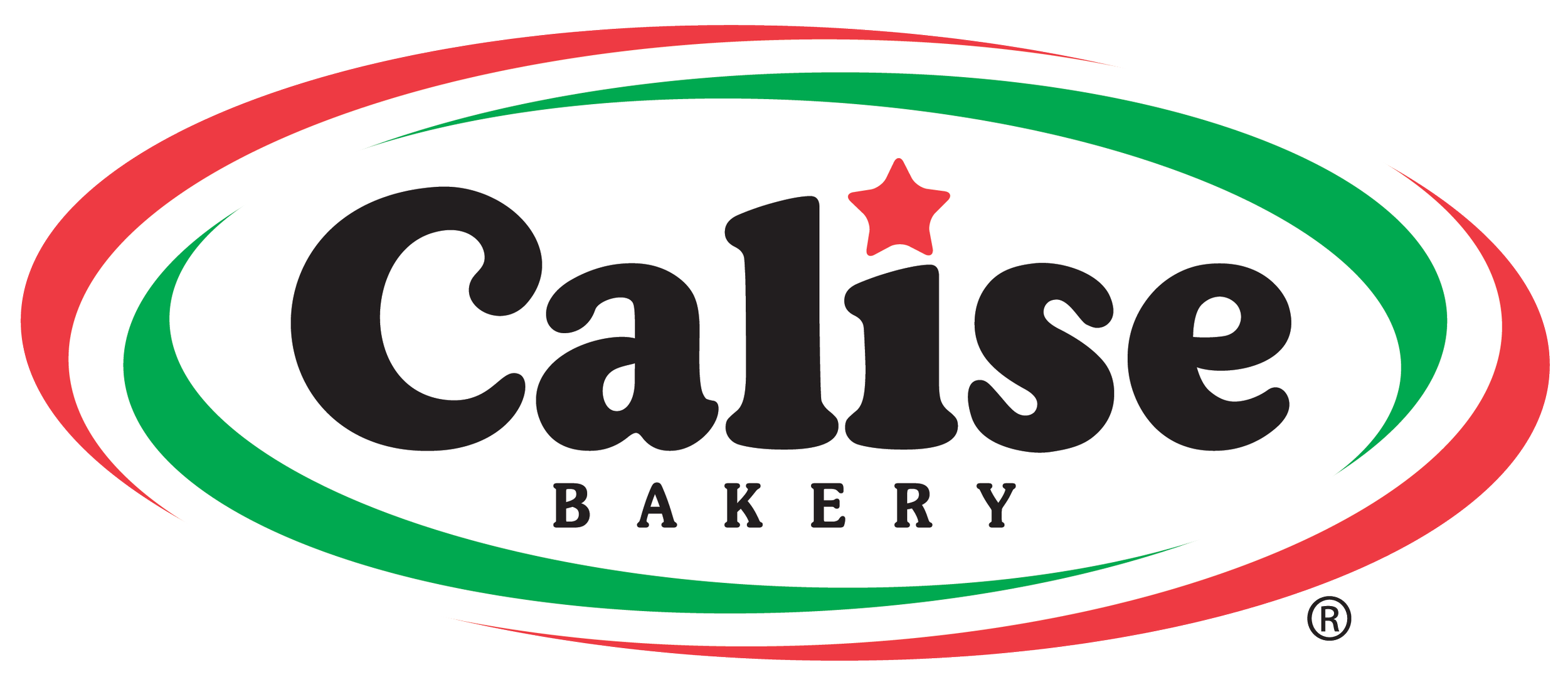Logo of Cajise Bakery featuring black text with a red star above the 'i', surrounded by green and red swooping lines.