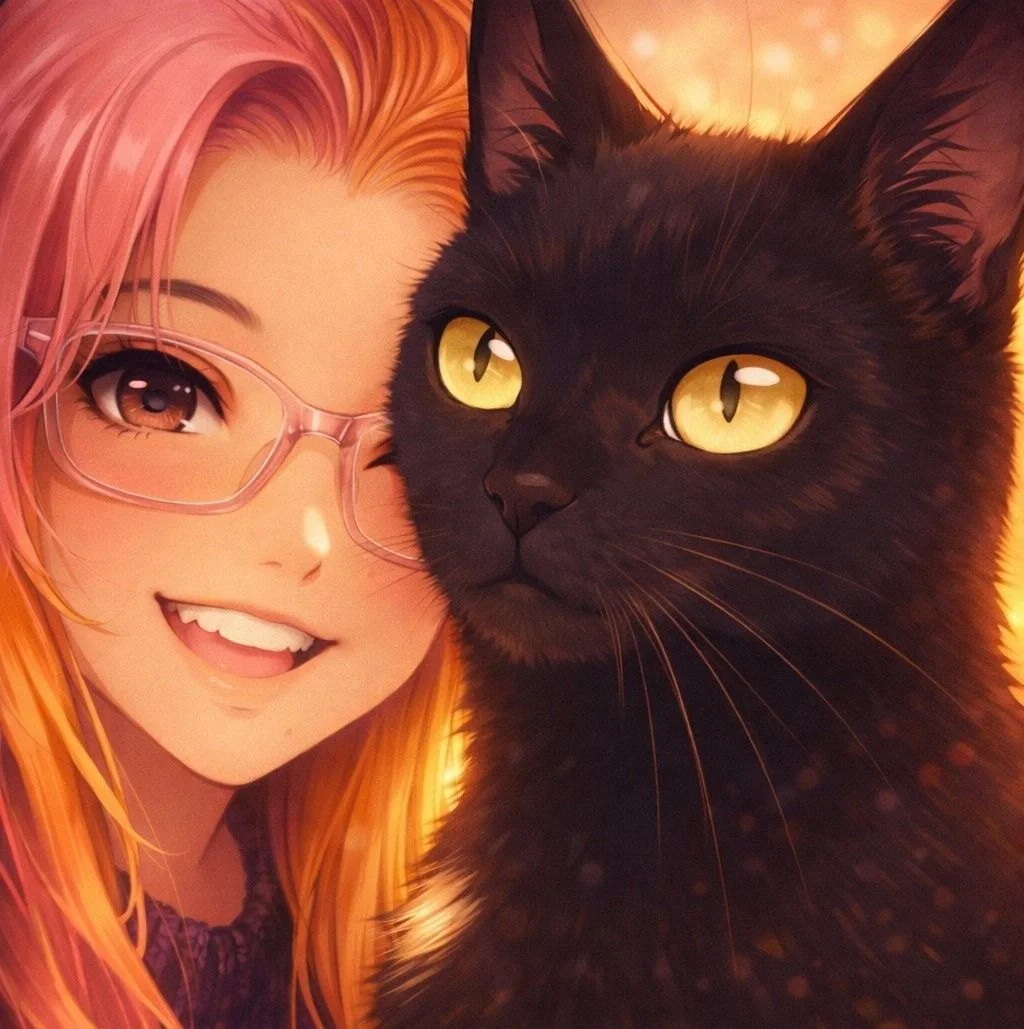 Anime-style girl with long pink hair and glasses smiling beside a black cat with yellow eyes.