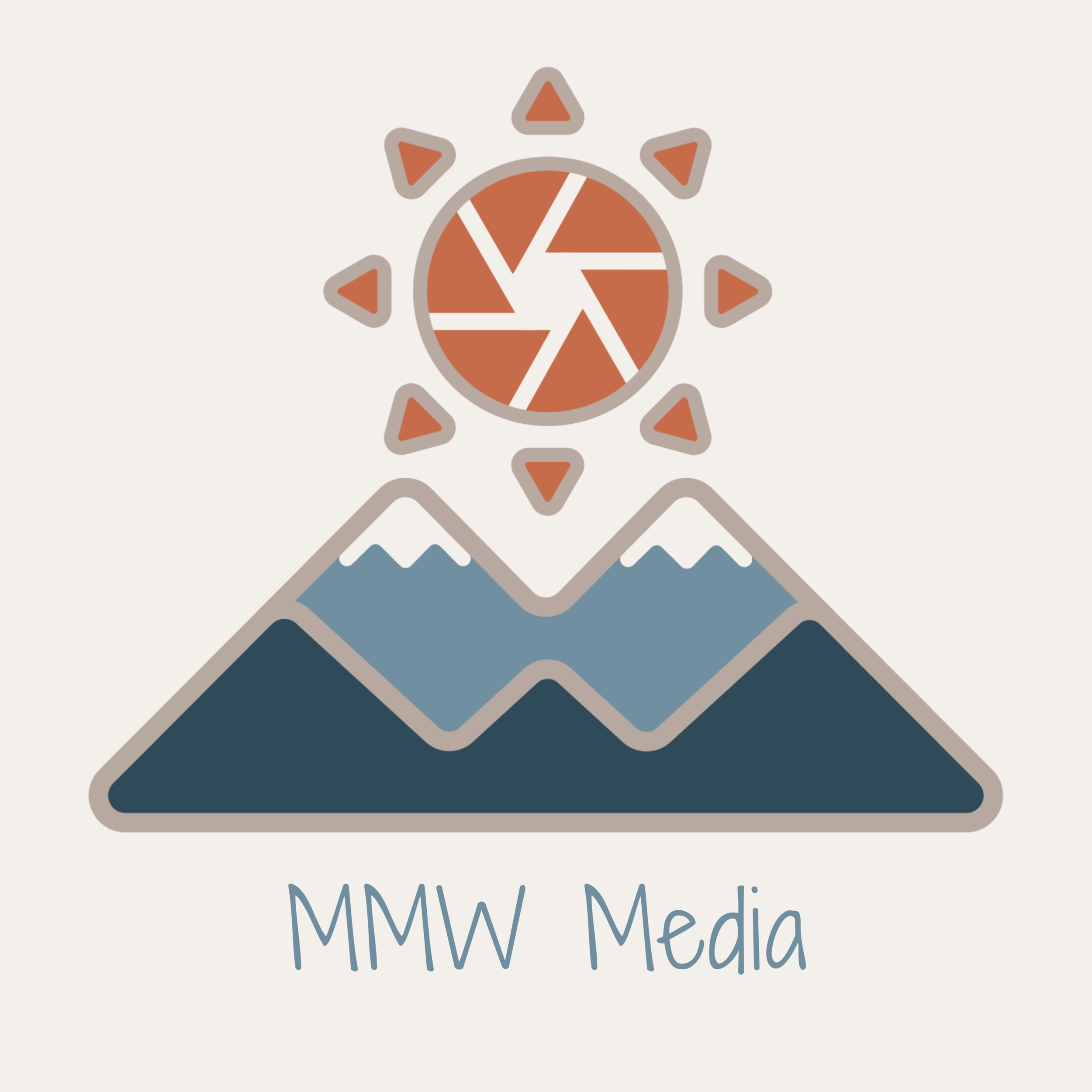 Logo with stylized mountains, a sun with camera shutter blades as rays, and the text "MMW Media".