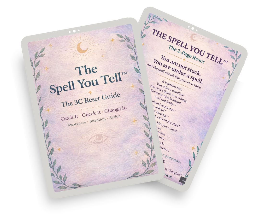 Colorful tarot card deck titled "The Spell You Tell" with a moon and stars design, featuring a guide for a 3C Reset process.