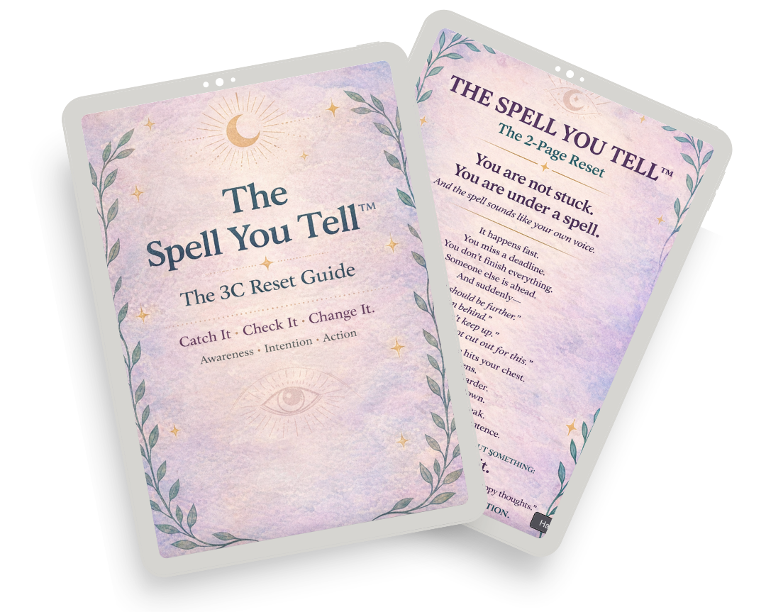 Two cards from The Spell You Tell guide, featuring a pastel-colored design with celestial symbols, laurel leaves border, and instructions for the 3C Reset method including Catch It, Check It, Change It.