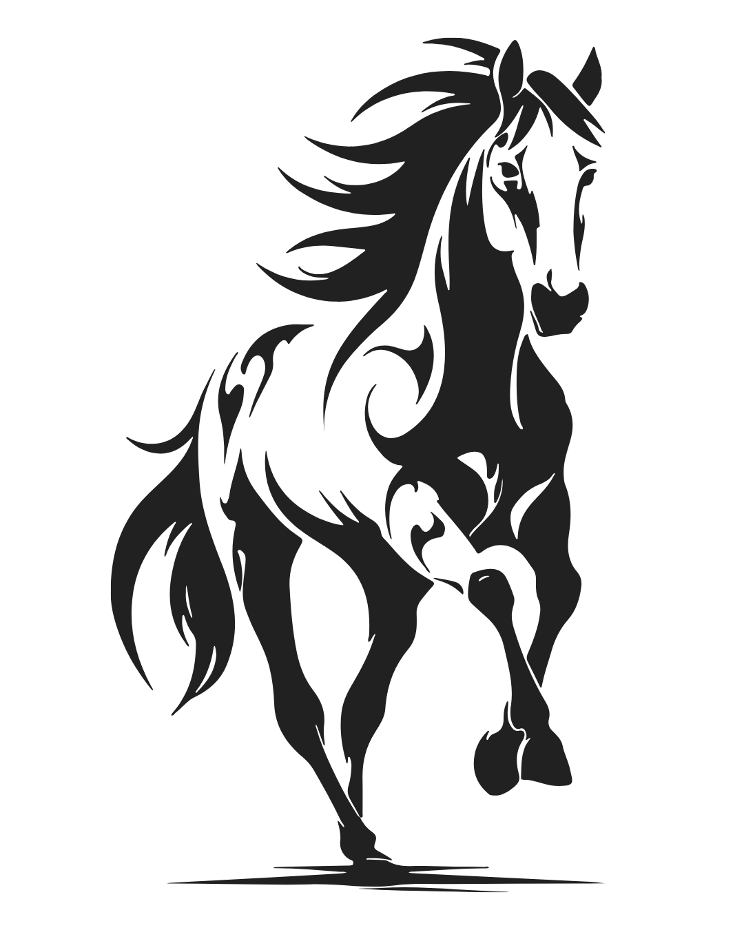 Silhouette of a galloping horse with flowing mane against a black background.
