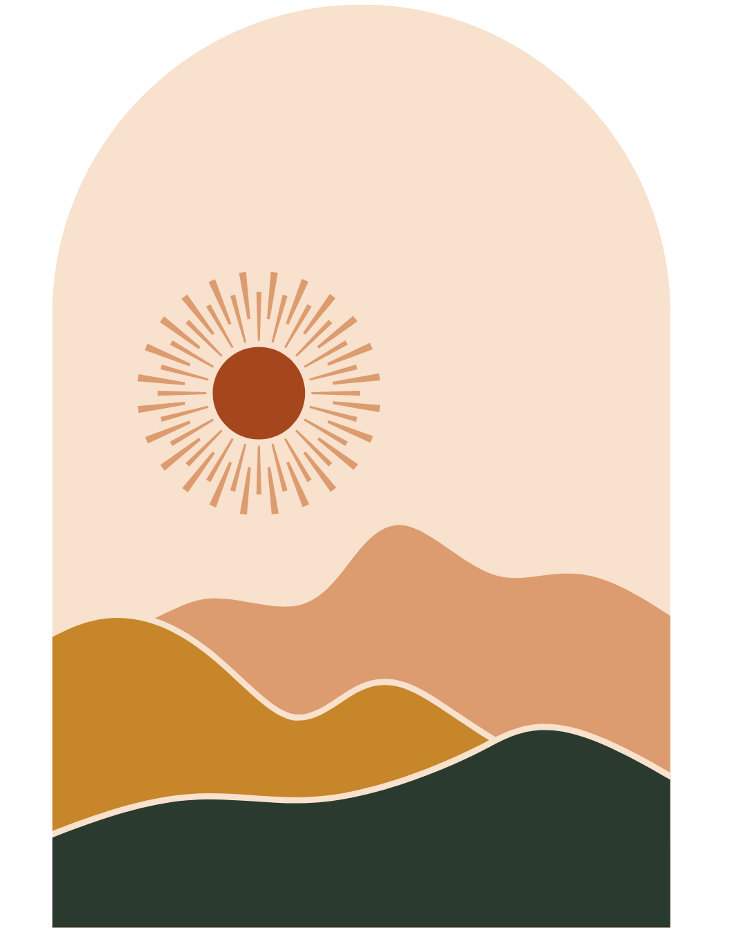 Minimalist landscape illustration with stylized mountains in shades of beige, brown, and dark green, and a large sun with radiating lines in the sky.