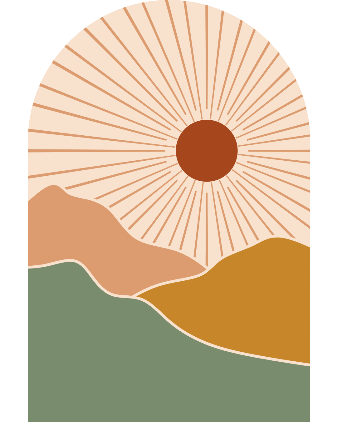 Simple illustration of a sunset or sunrise over mountains, with a large sun and radiating lines in warm tones, framed in an arched shape.