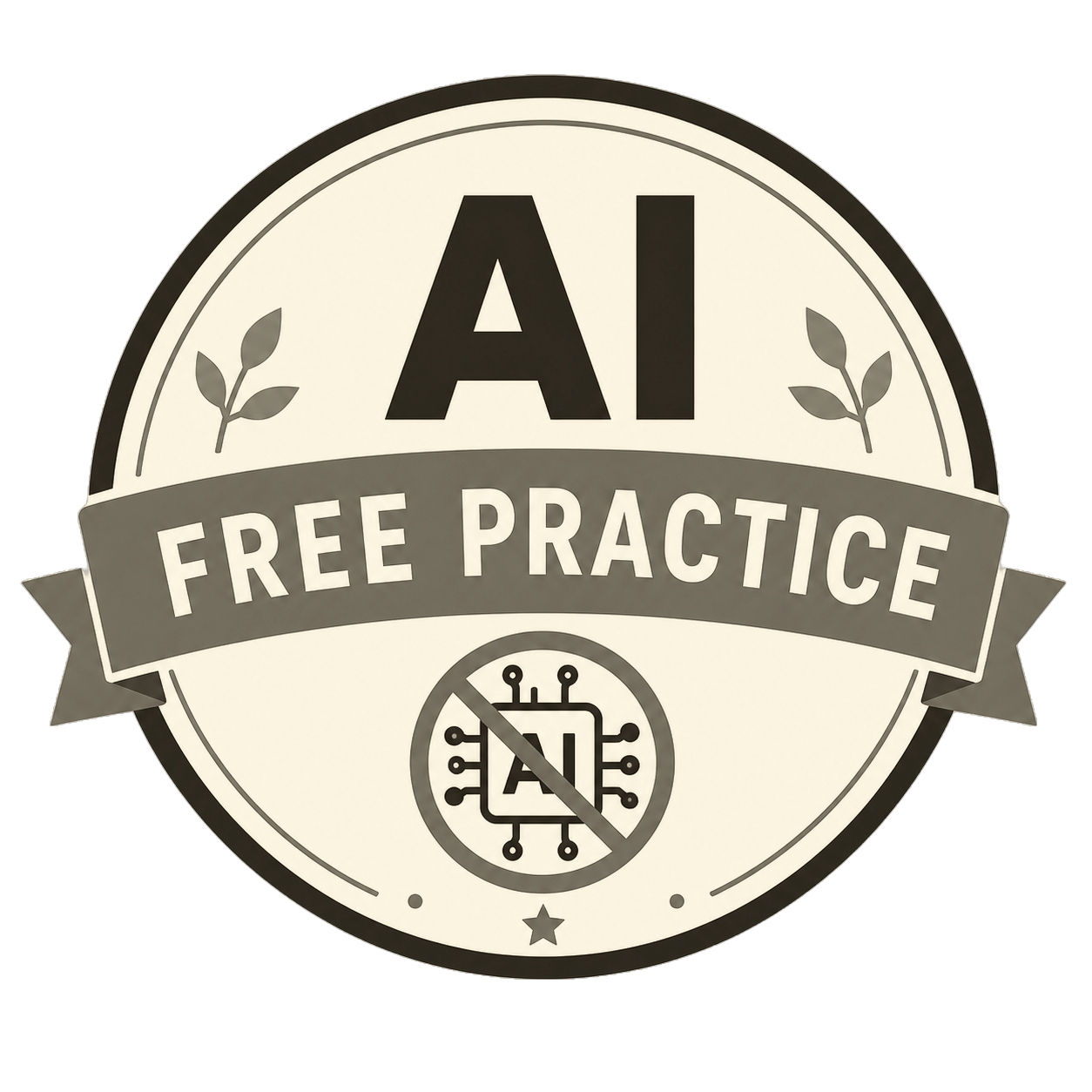 A circular badge with a black and white color scheme, featuring the text 'AI Free Practice' with a crossed-out AI chip icon and decorative leaves.