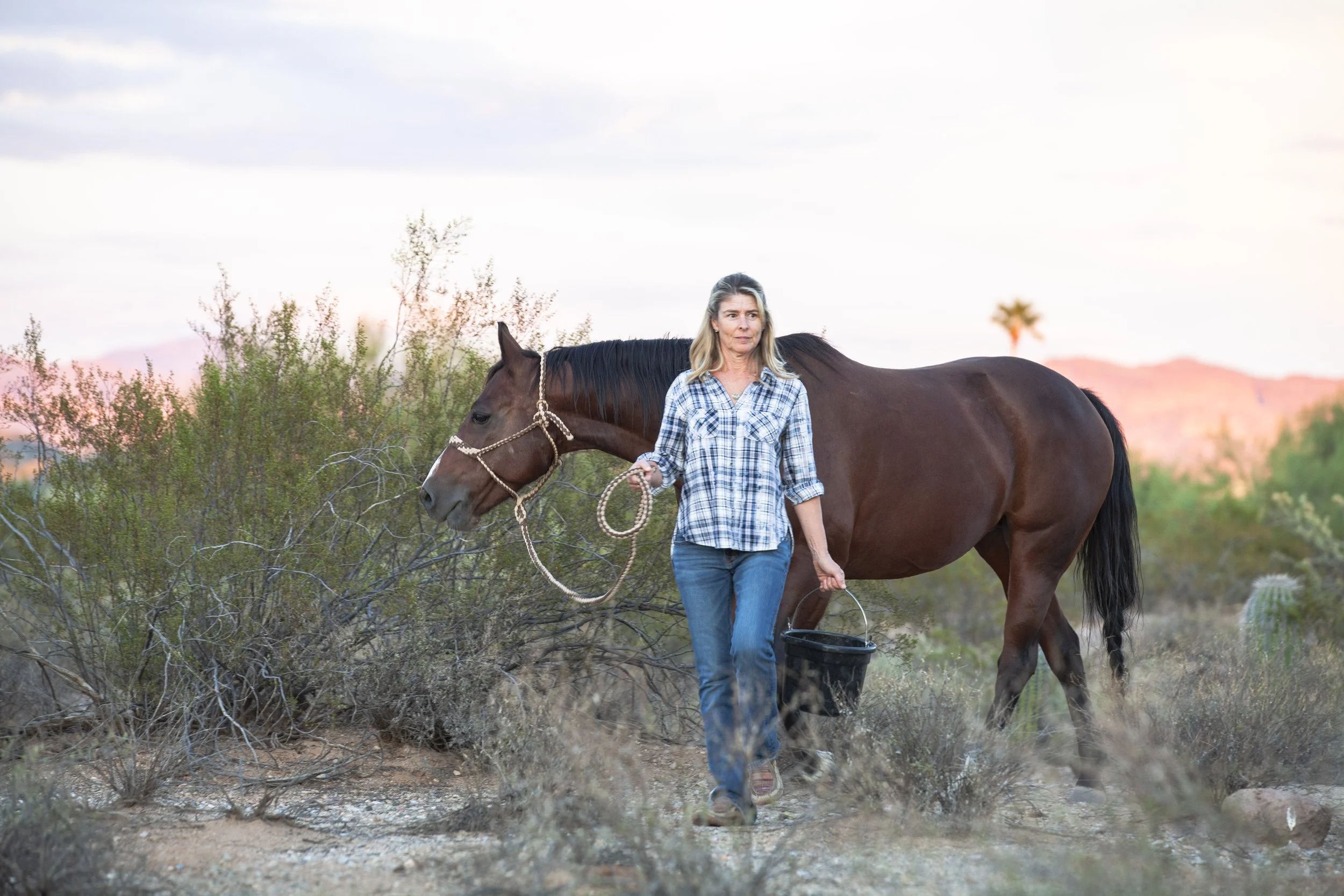 Christie Ashbeck, RLT certified couples therapist and Masterson Method practitioner, with her horse in the Superstition Mountains