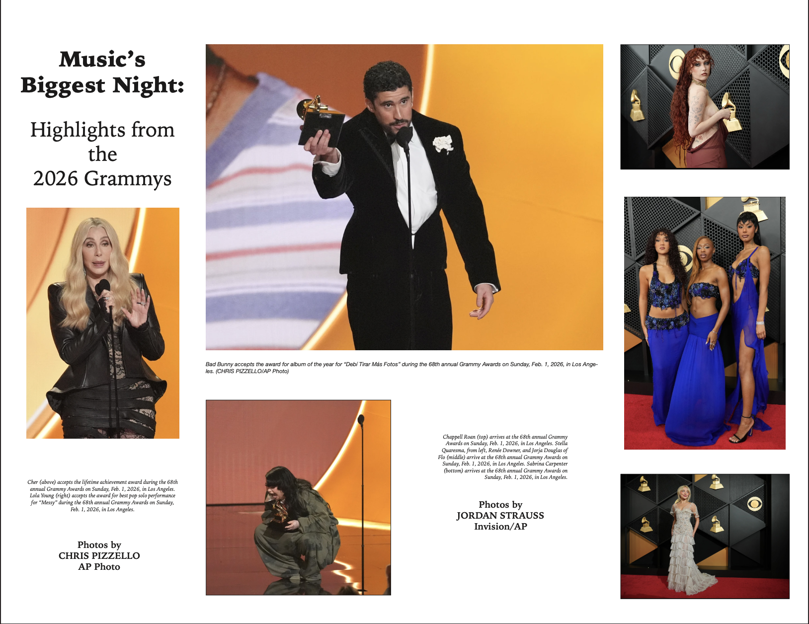 Collage of photos from the 68th annual Grammy Awards, including winners accepting awards and red carpet images, with text highlighting Grammy event details and photographers.