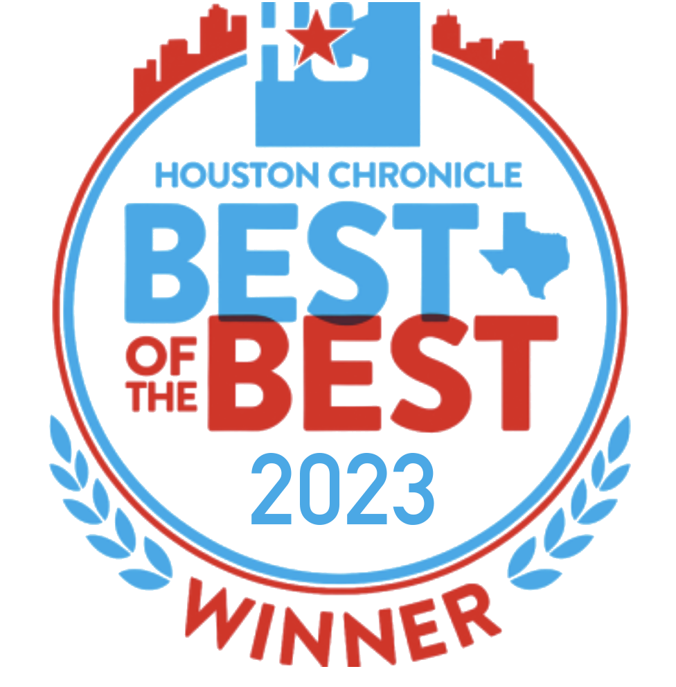 A circular badge or award with a skyline at the top, a red star, and a blue shape of Texas. It reads "Houston Chronicle Best of the Best Winner" with decorative blue leaves on the sides.