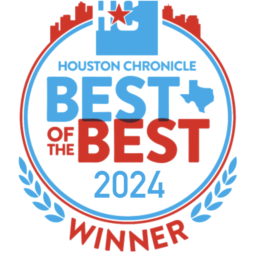 An award badge from Houston Chronicle recognizing the 'Best of the Best' winner, featuring a city skyline at the top, a red star, a blue outline of Texas, and blue laurel leaves.