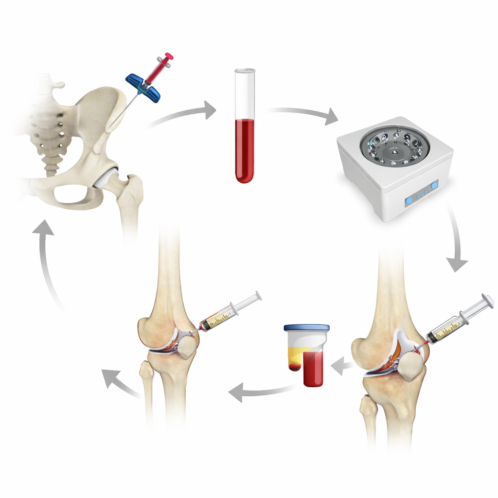 Diagram showing the process of knee replacement surgery, including extraction of blood, sterilization, preparation of the prosthetic joint, and insertion into the knee using syringes.