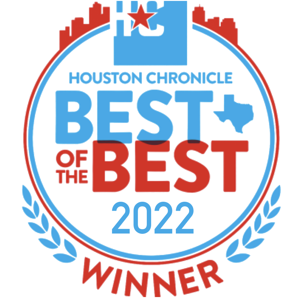 A circular award badge with a city skyline at the top and the Texas state outline on the right, with a blue and red color scheme. The text reads: "Houston Chronicle Best of the Best Winner" with a star at the top.