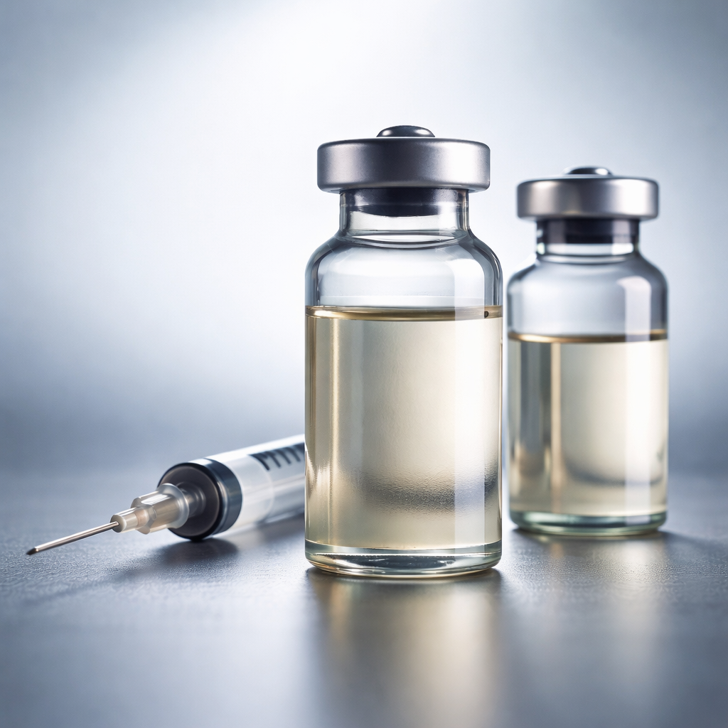 Two glass vials filled with a clear liquid and a syringe lying on its side.