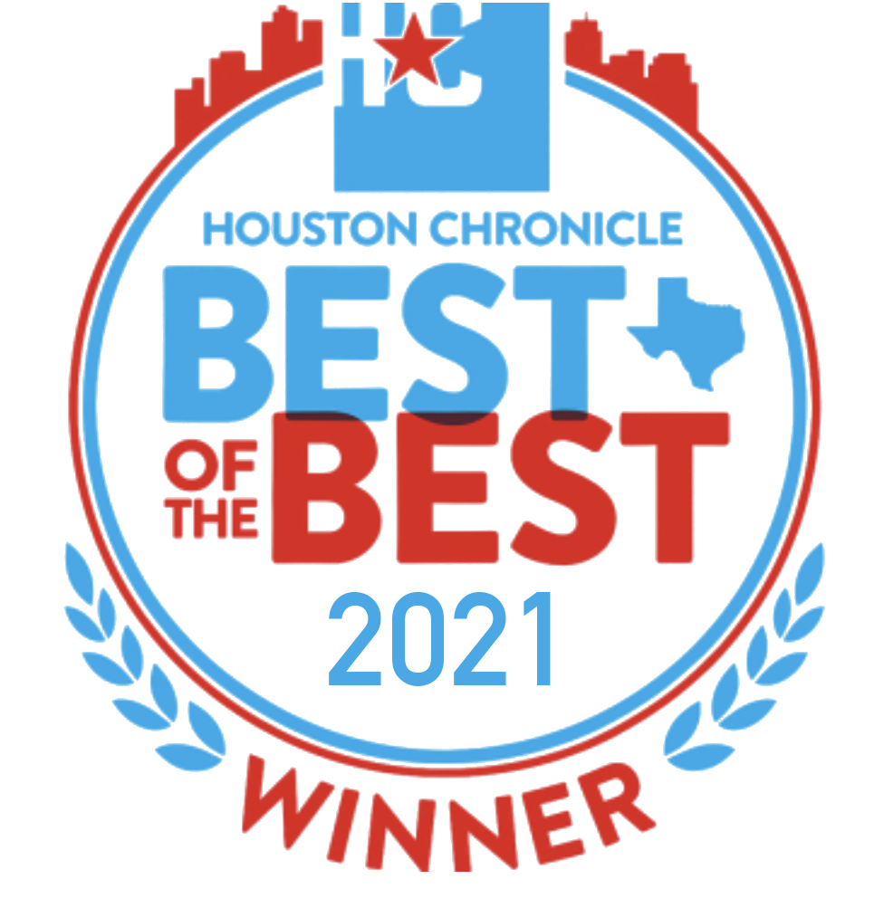 Award badge from Houston Chronicle recognizing the 'Best of the Best' winner, featuring a blue and white circle, red and blue text, a red star at the top, and laurel leaves on each side.