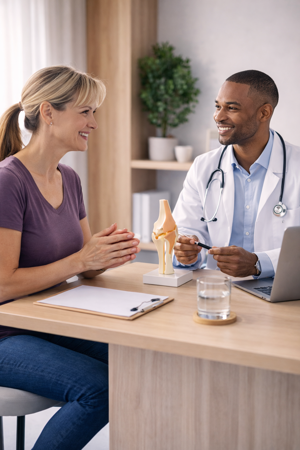 A female patient and male doctor talking in a medical consultation room, with a knee joint model on the table.
