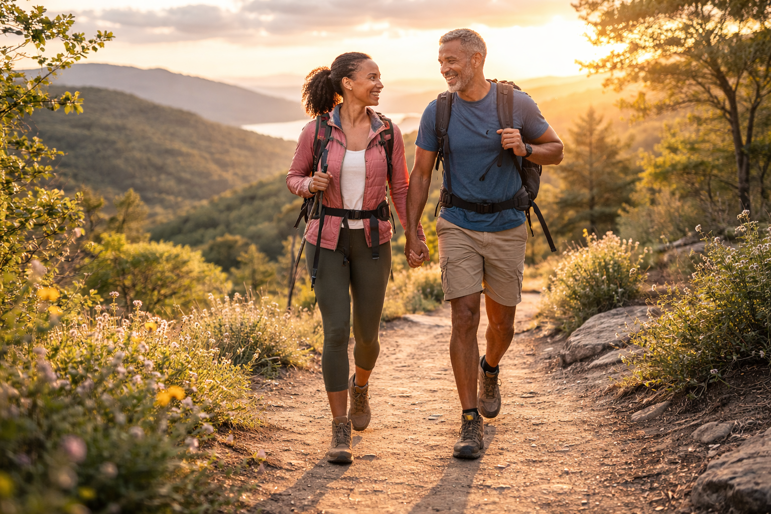 A couple hiking together on a trail during sunset, holding hands and smiling, with mountains and trees in the background.