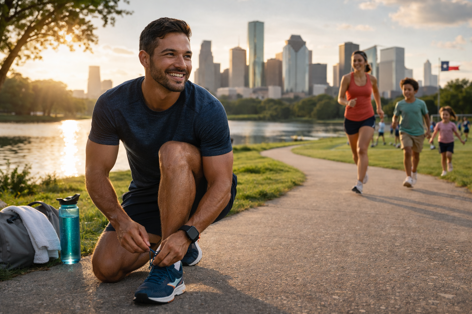 A man tying his shoelace on a jogging trail near a lake with a city skyline in the background, while a woman and children run behind him during sunset.