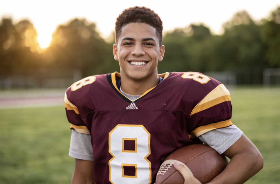 A young male football player smiling, wearing a maroon and yellow jersey with the number 8, holding a football, on a football field at sunset.