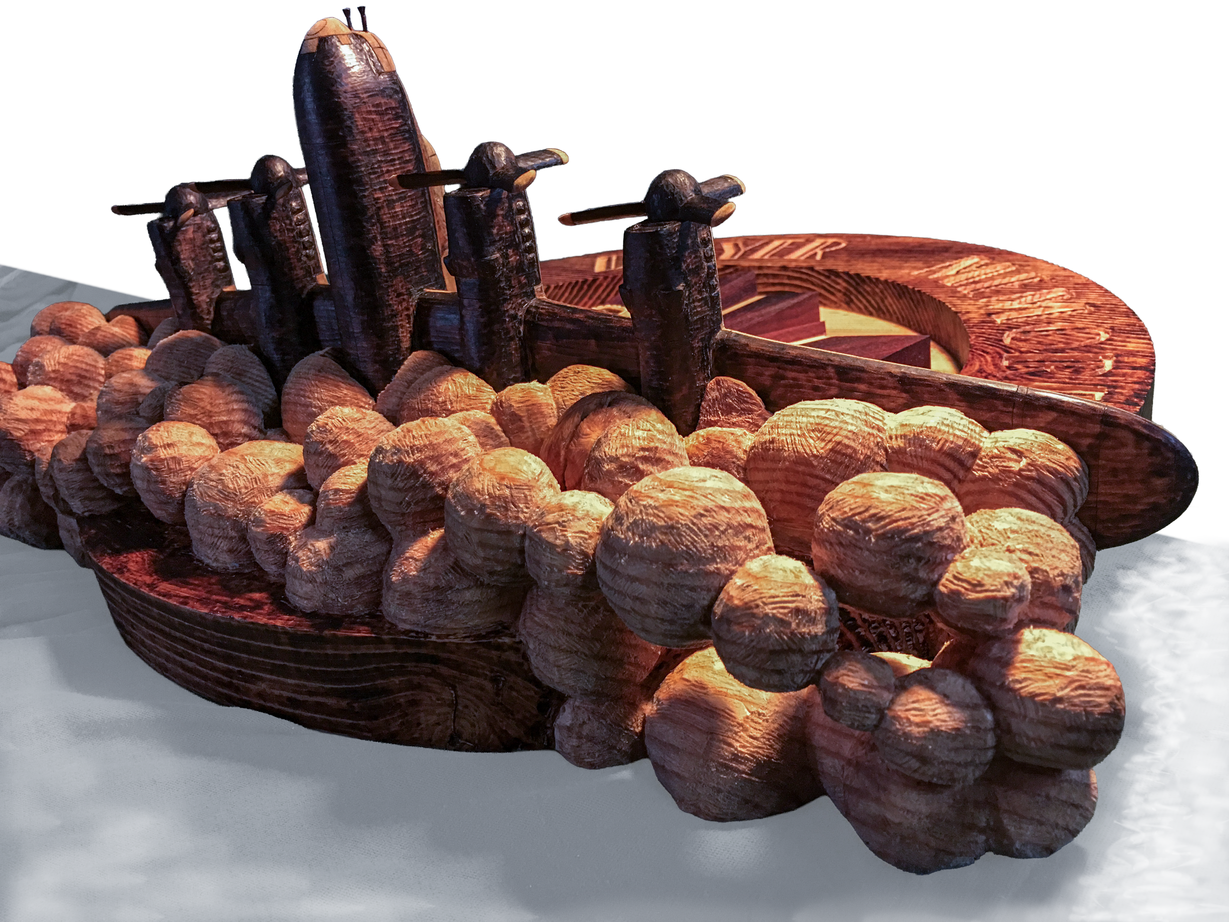 Oblique view of layered relief wood sculpture titled Command by Smoke & Ember Studios