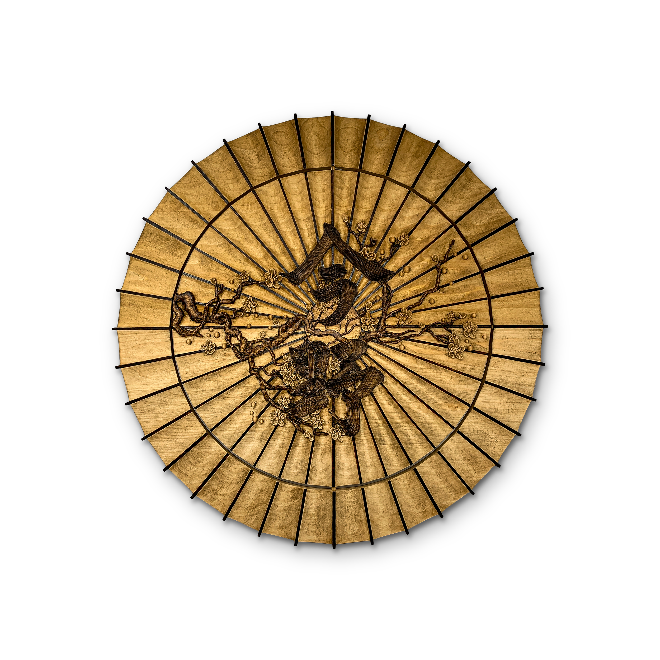 Radial carved wood wall sculpture titled Wagasa by Smoke & Ember Studios