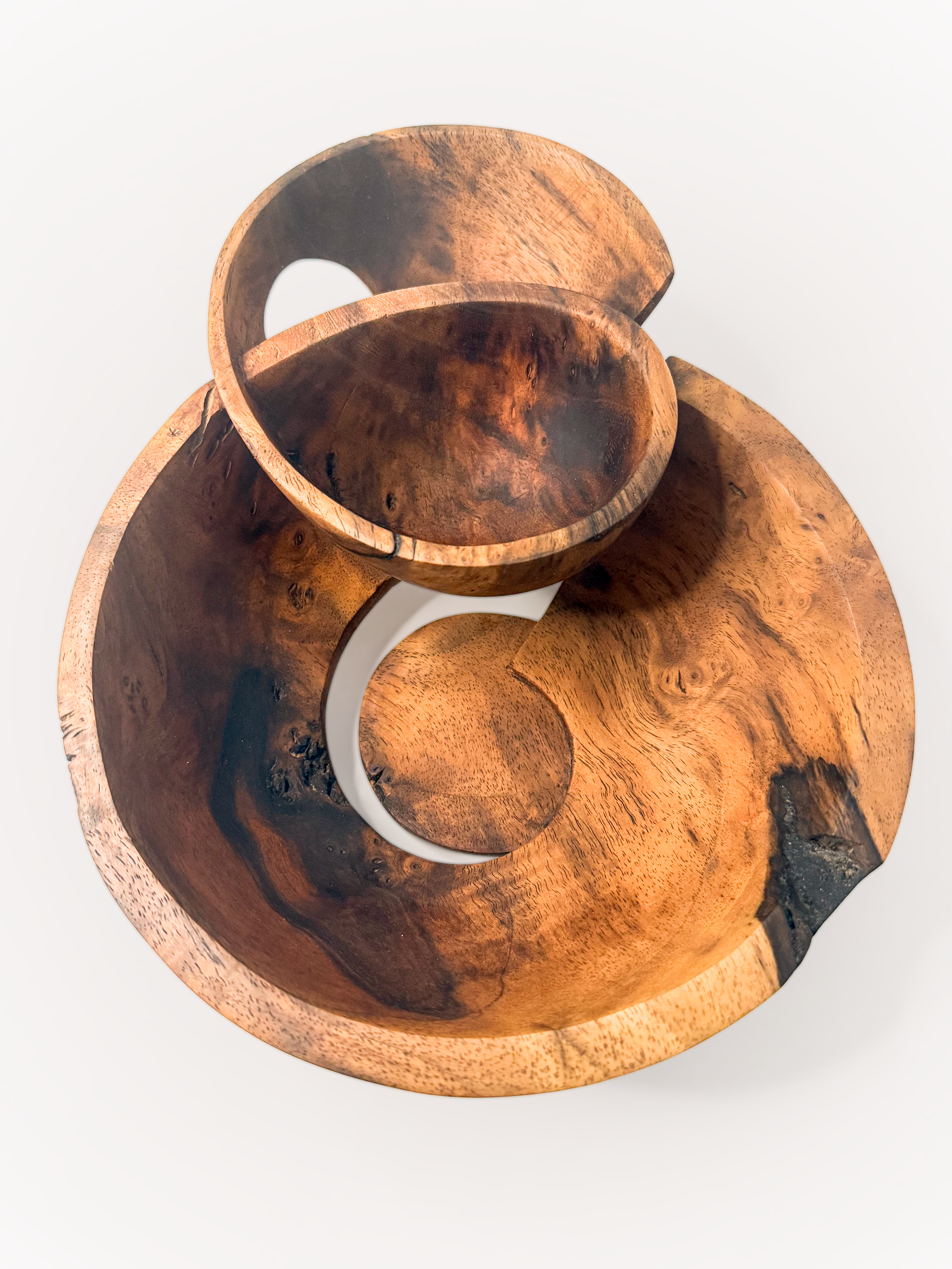 Top view of hand-carved walnut sculptural bowl titled Taper