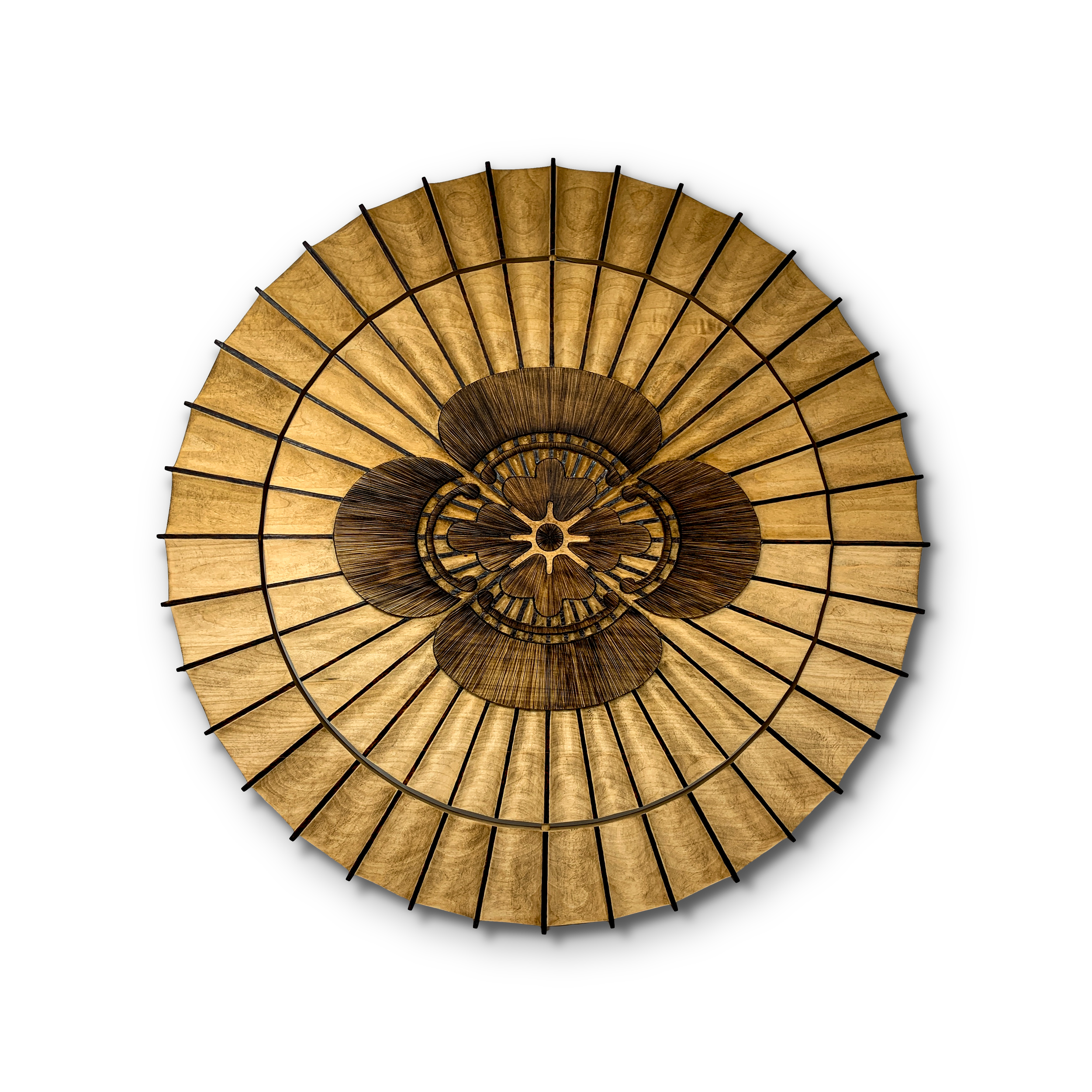 Back view of radial carved wood wall sculpture titled Wagasa by Smoke & Ember Studios