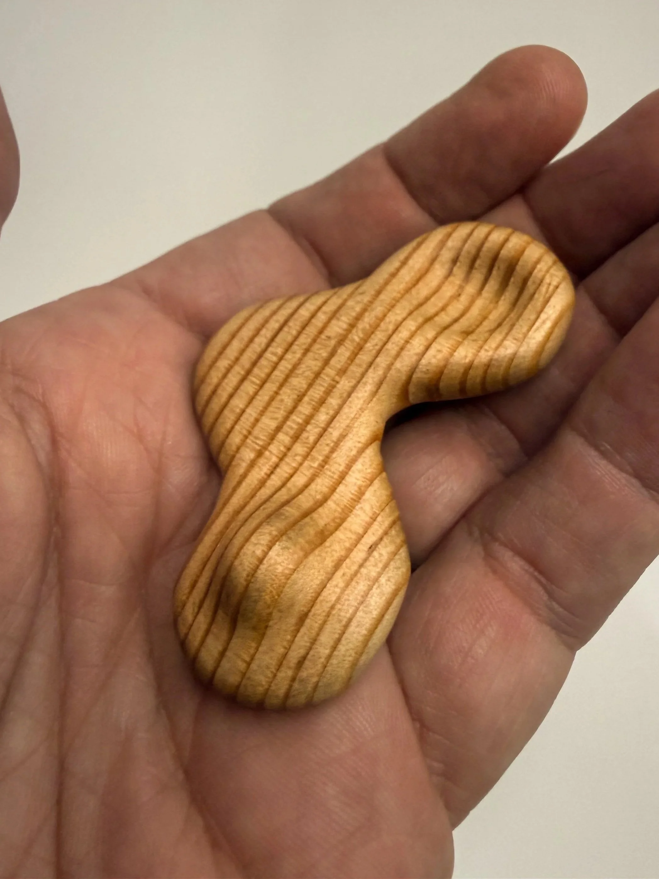 Handheld sculptural wood study titled Drift held in hand