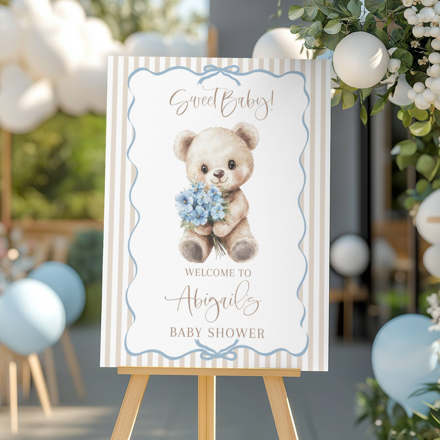 Blue and Beige Floral Striped Teddy Bear Baby Shower Welcome Sign-#142
