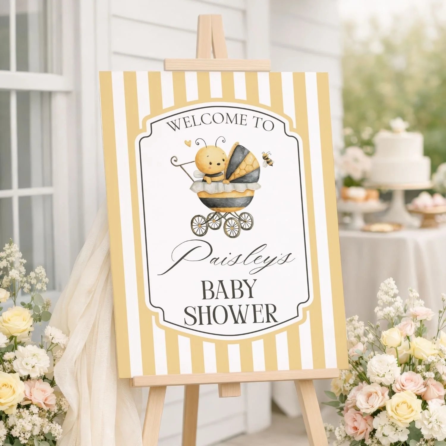 Yellow Striped Bumble Bee Baby Shower Welcome Sign-#124