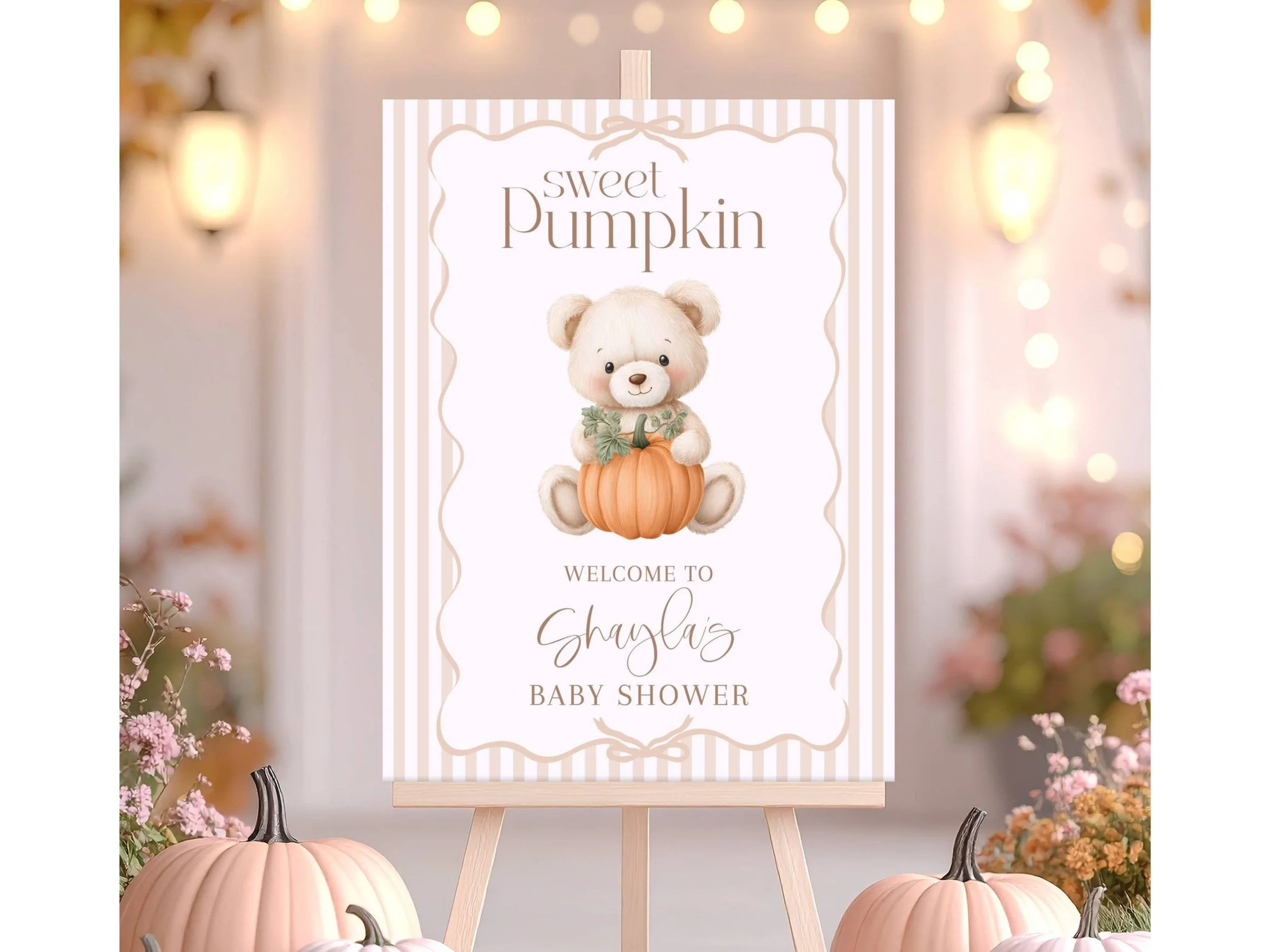 Sweet Pumpkin Teddy Bear Baby Shower Welcome Sign, Fall Beige Stripes Digital File #F27