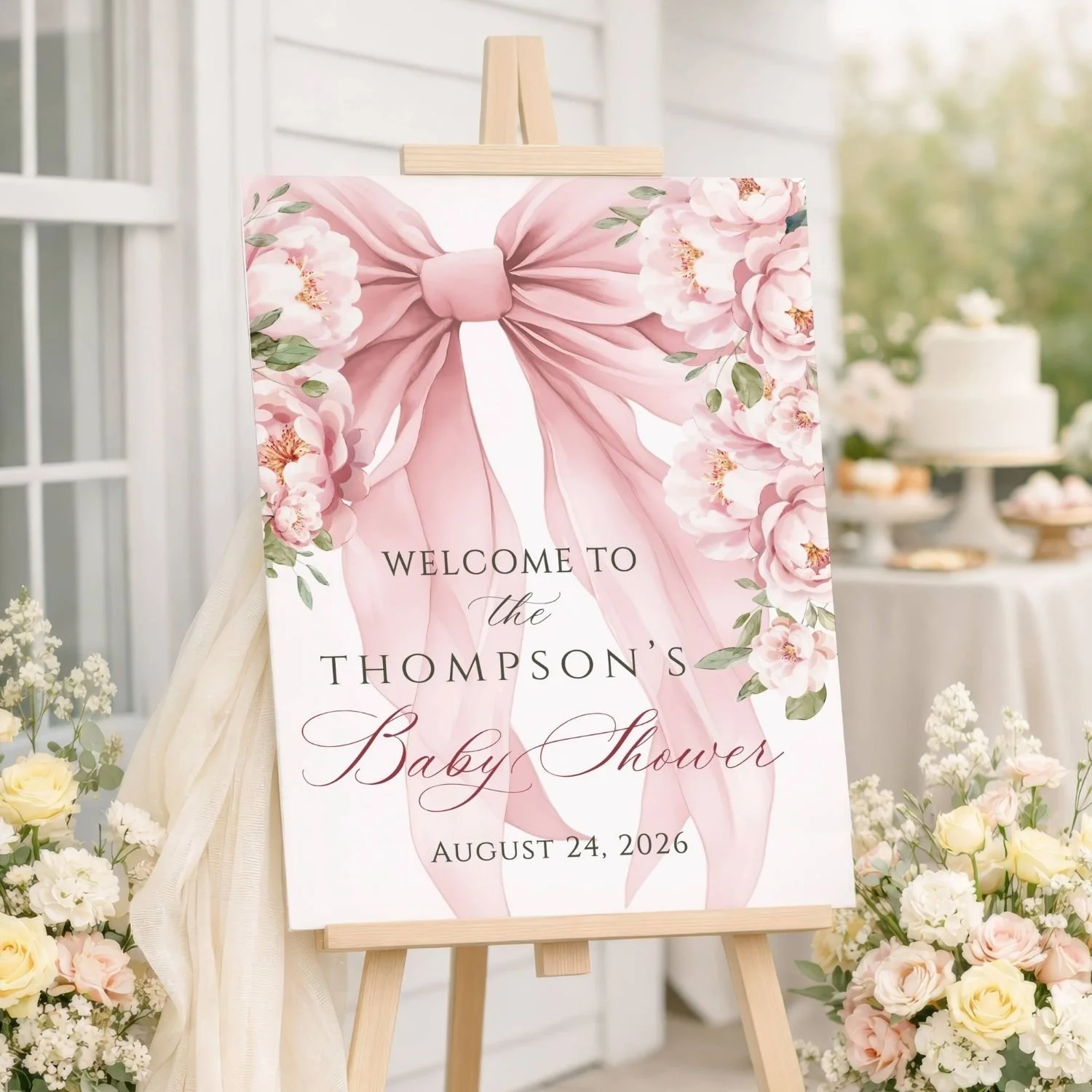 Pink Flowers and Coquette Bow Baby Shower Welcome Sign #75 Thompson