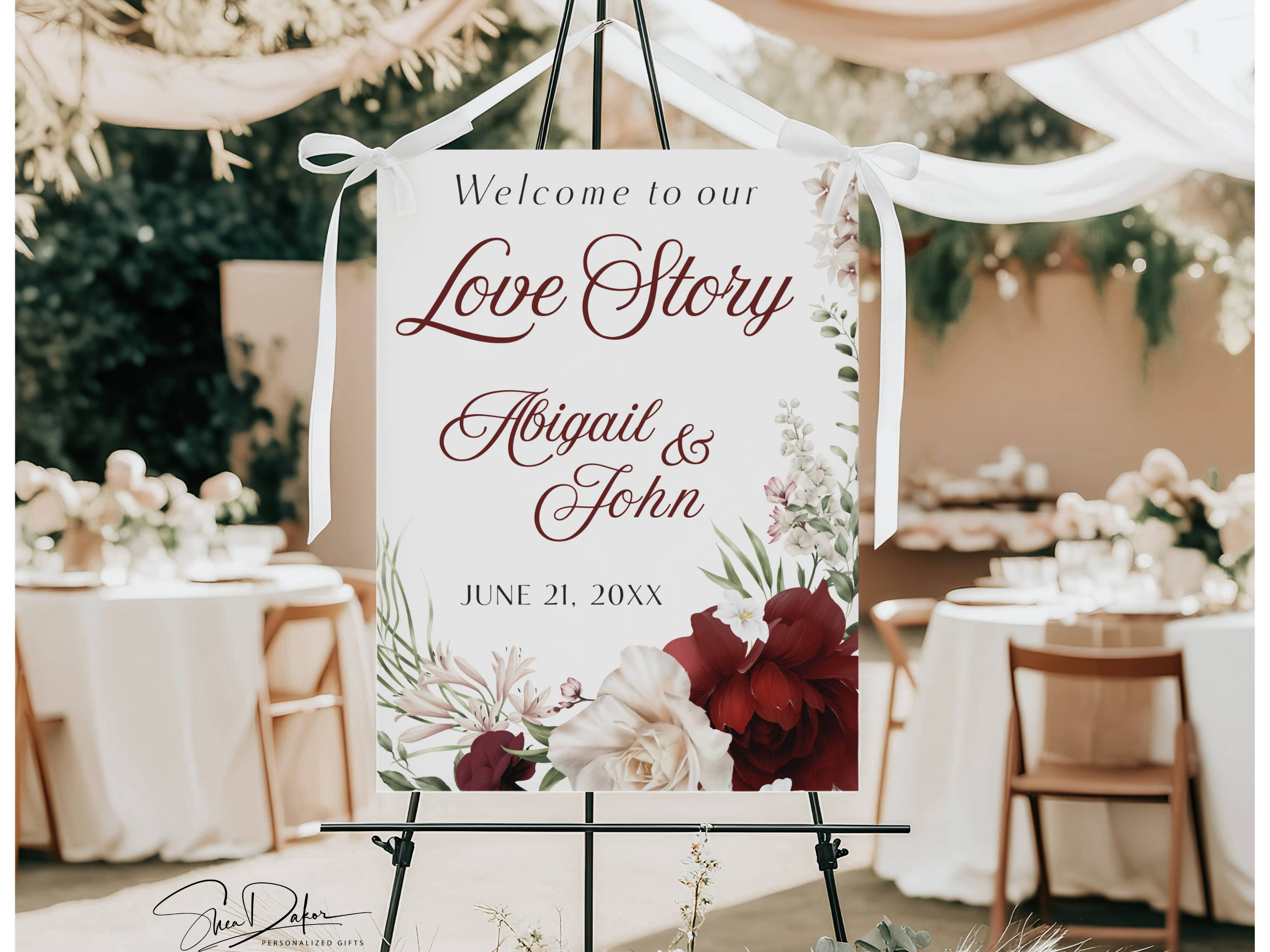 Welcome to Our Love Story Sign Burgundy Floral Wedding Reception Sign, Printed or Digital #CV20