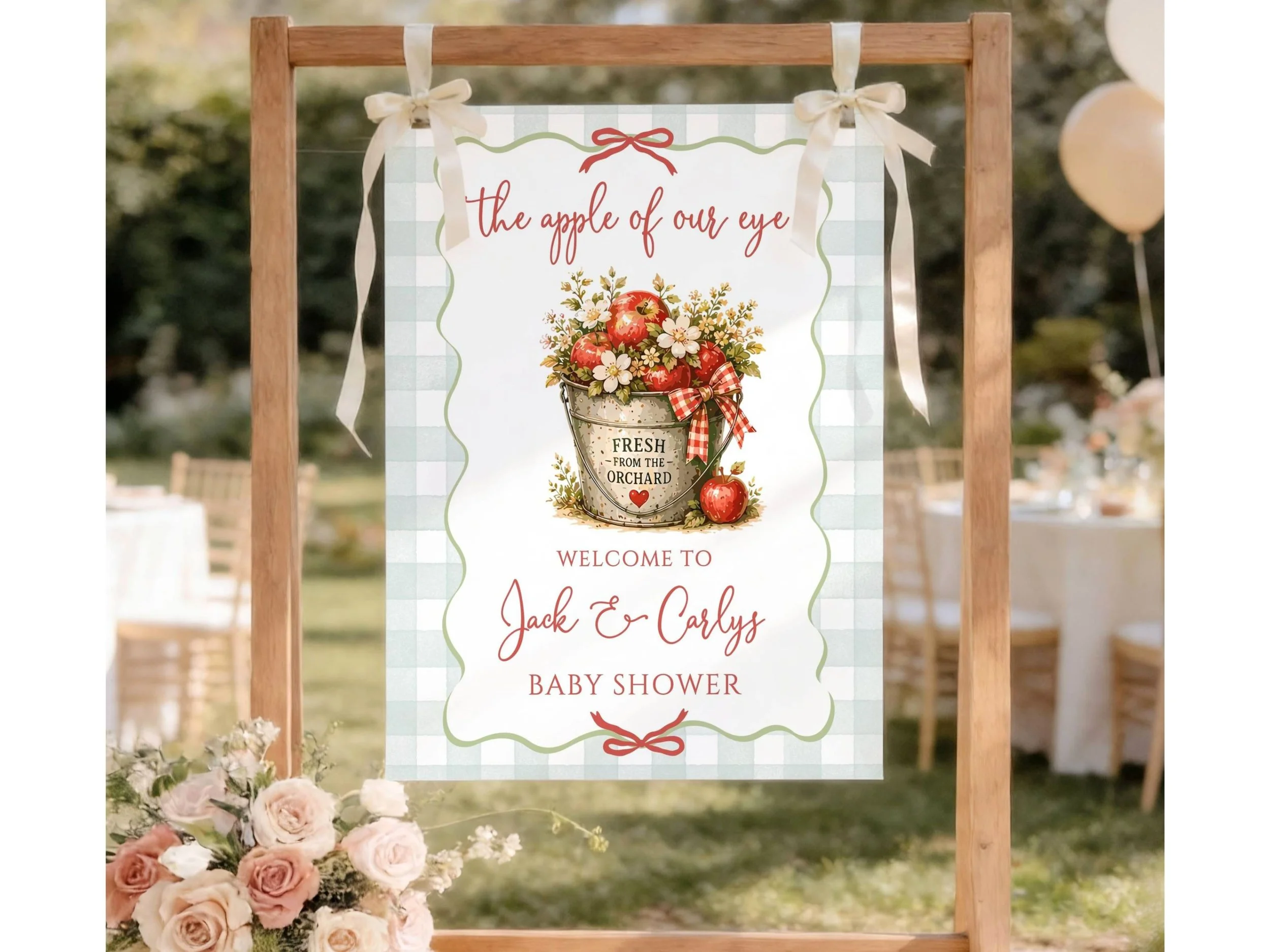 Fall Apple Baby Shower Welcome Poster, Green Gingham & Apples Welcome Sign F25