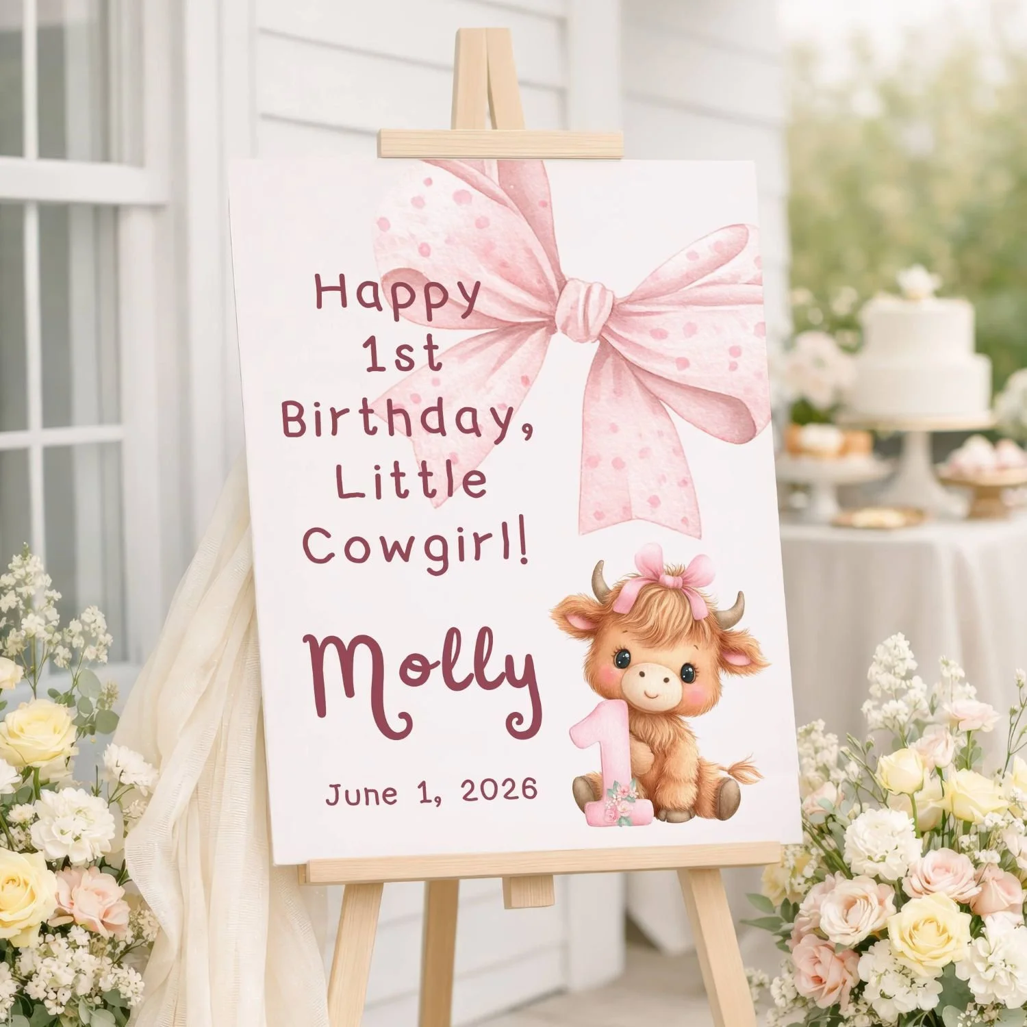 Highland Cow 1st Birthday Welcome Sign, Pink Bow Little Cowgirl Decor #12