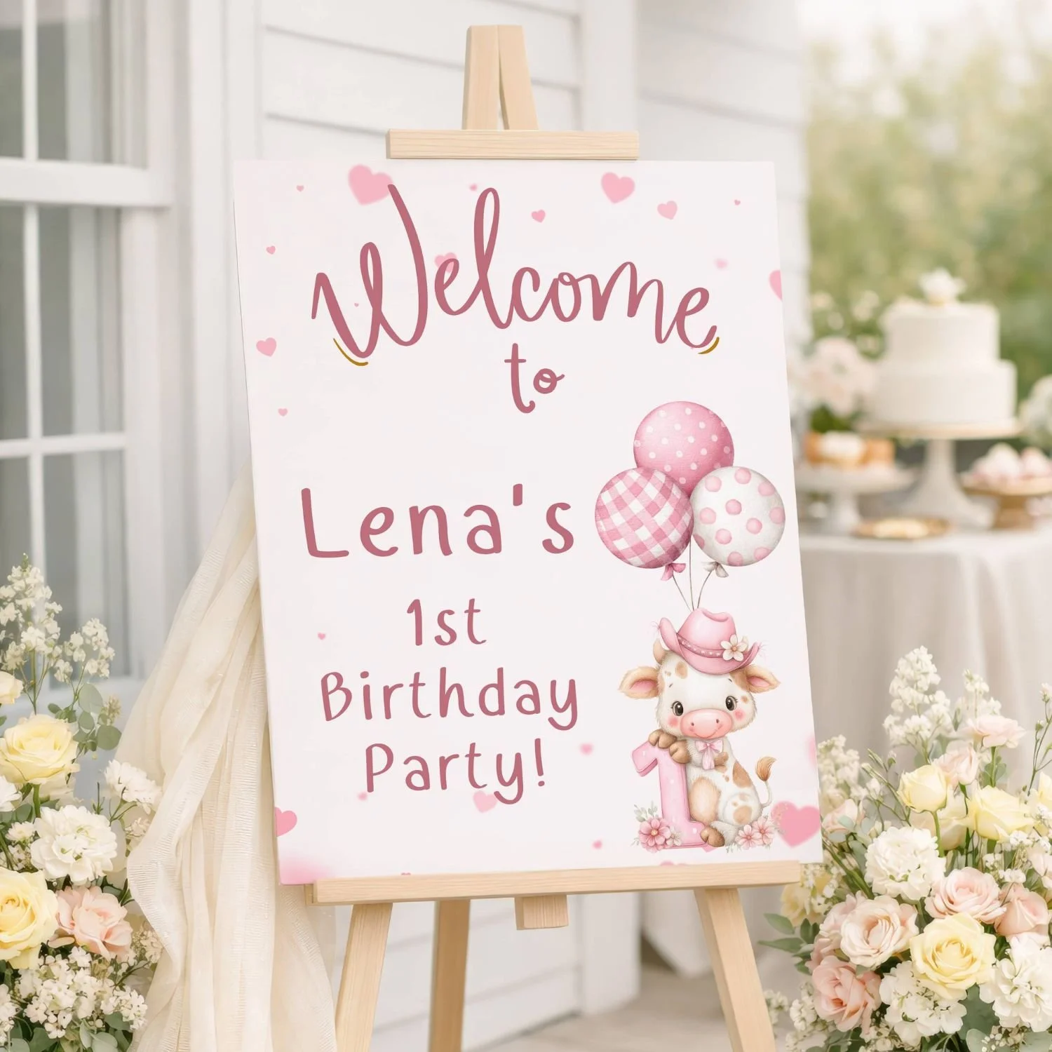 Highland Cow 1st Birthday Welcome Sign, Pink Cowgirl Hat & Balloons #14