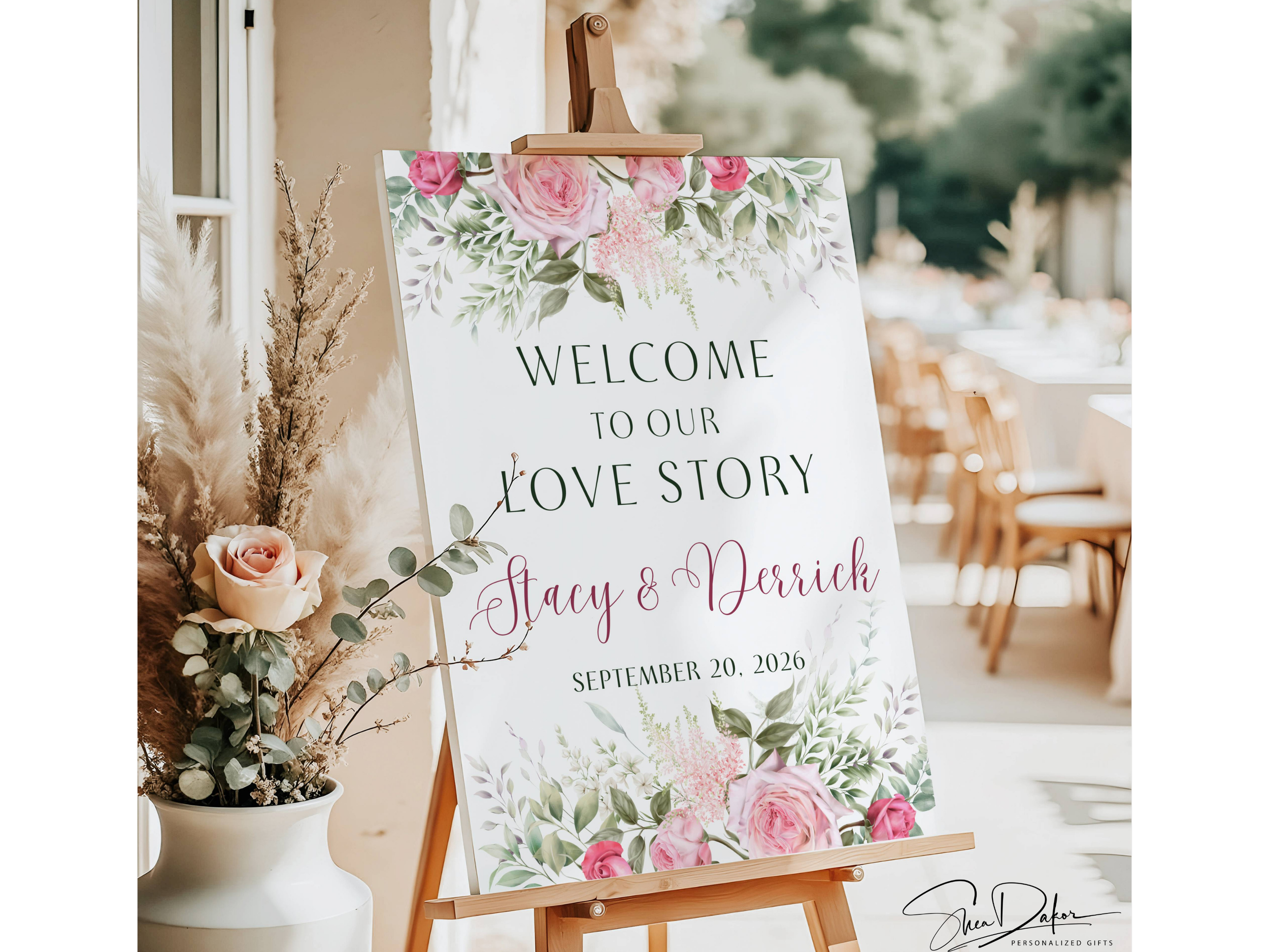 Personalized Pink Rose Floral Wedding Welcome Sign, Welcome to Our Love Story Entrance Poster  #CV15