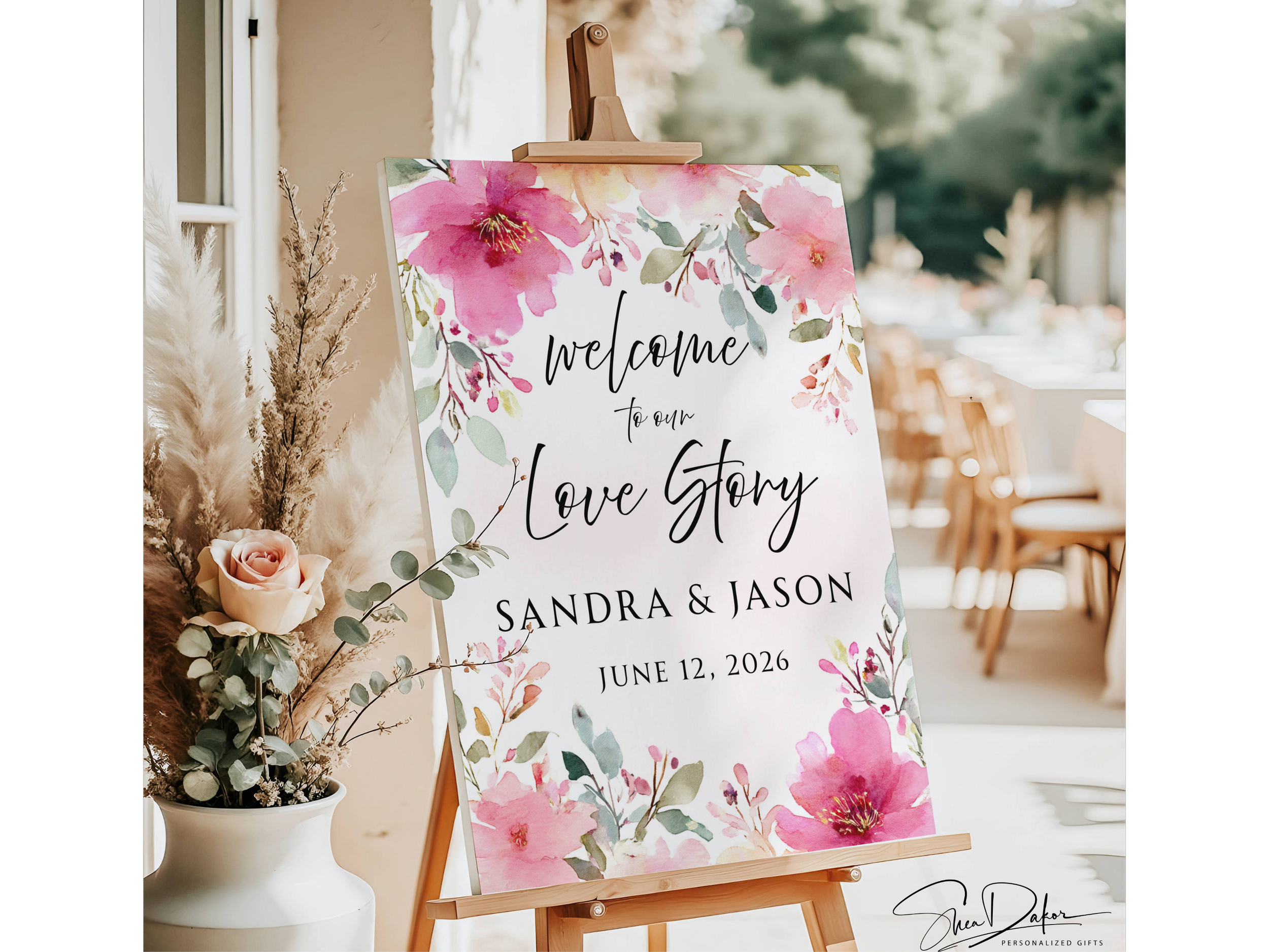 Pink Floral Love Story Wedding Welcome Sign, Printed Canvas, Poster, Foam Board #CV18