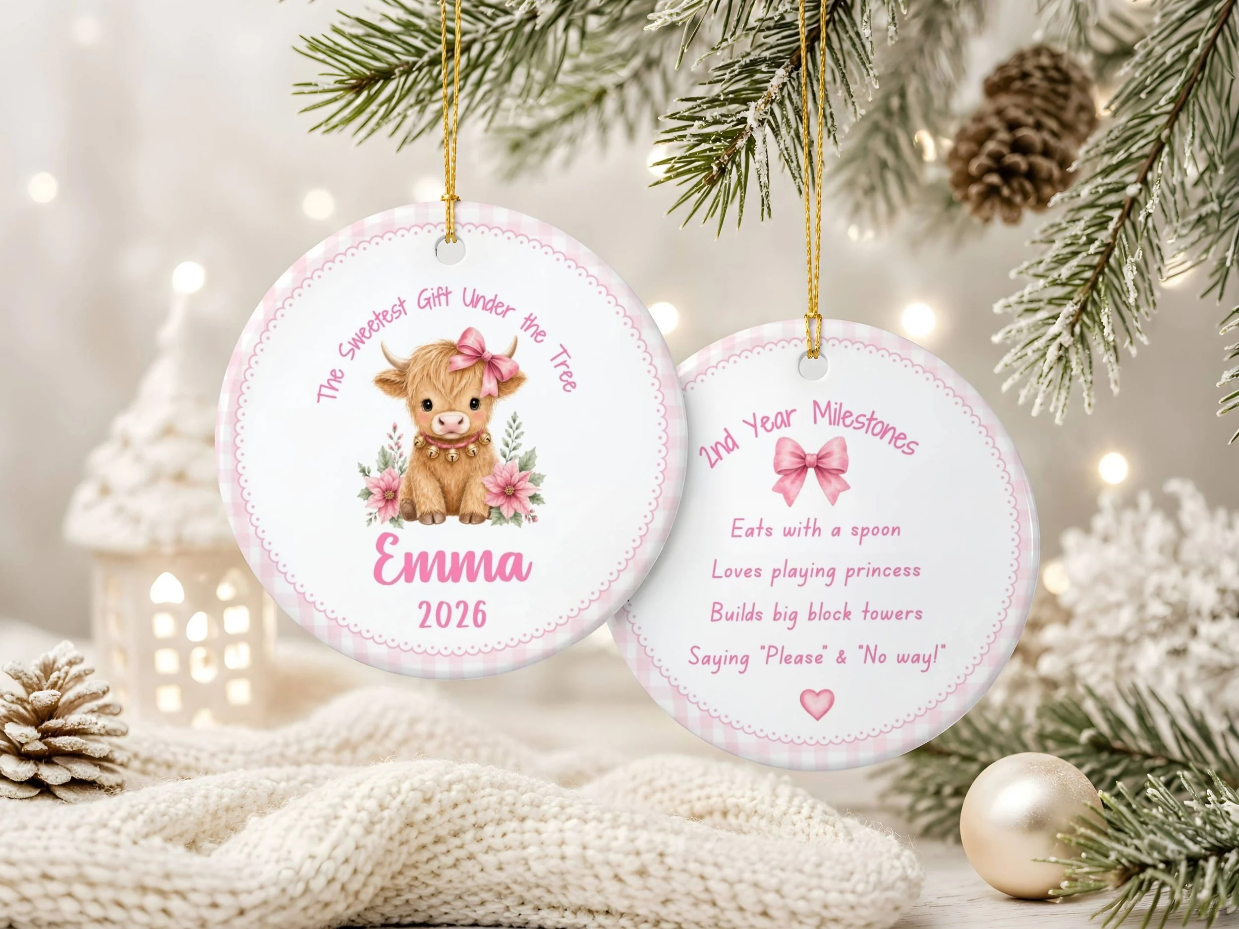 Personalized Highland Cow Pink Gingham Christmas Ornament, Custom Baby Milestone Keepsake CK6