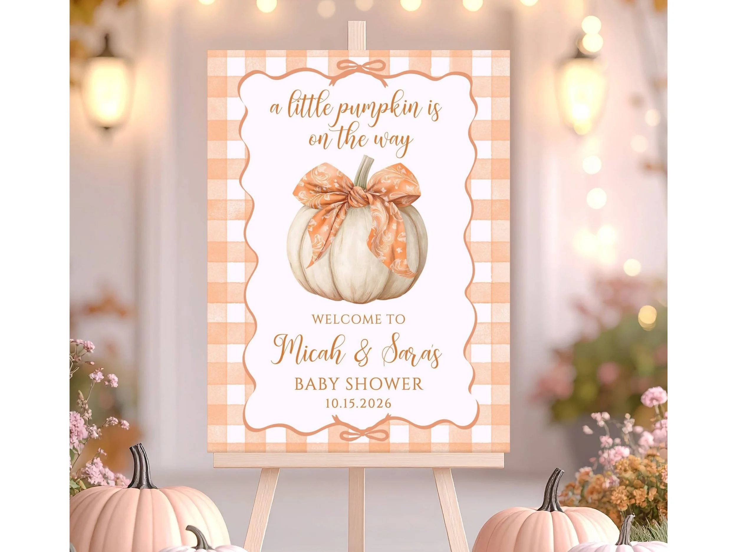 Little Pumpkin Baby Shower Welcome Sign, Orange Gingham Fall Baby Shower Poster F13