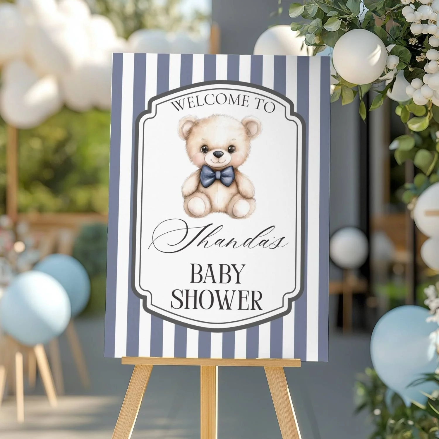 Blue Bow Tie Striped Teddy Bear Baby Shower Welcome Sign-#115