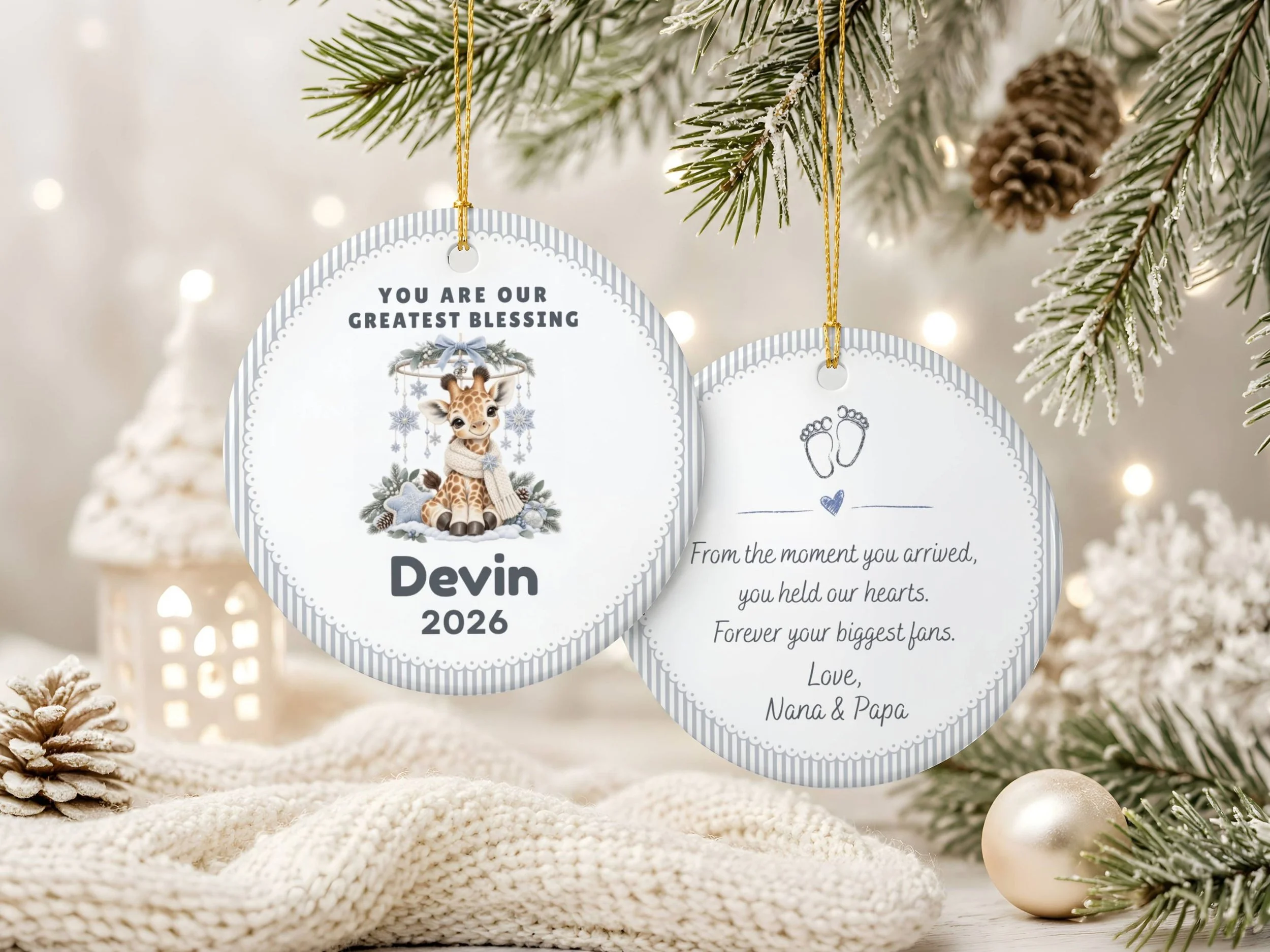 Custom Greatest Blessing Baby Giraffe Ornament | Personalized Name & Year Ceramic Christmas Keepsake Blue CK7