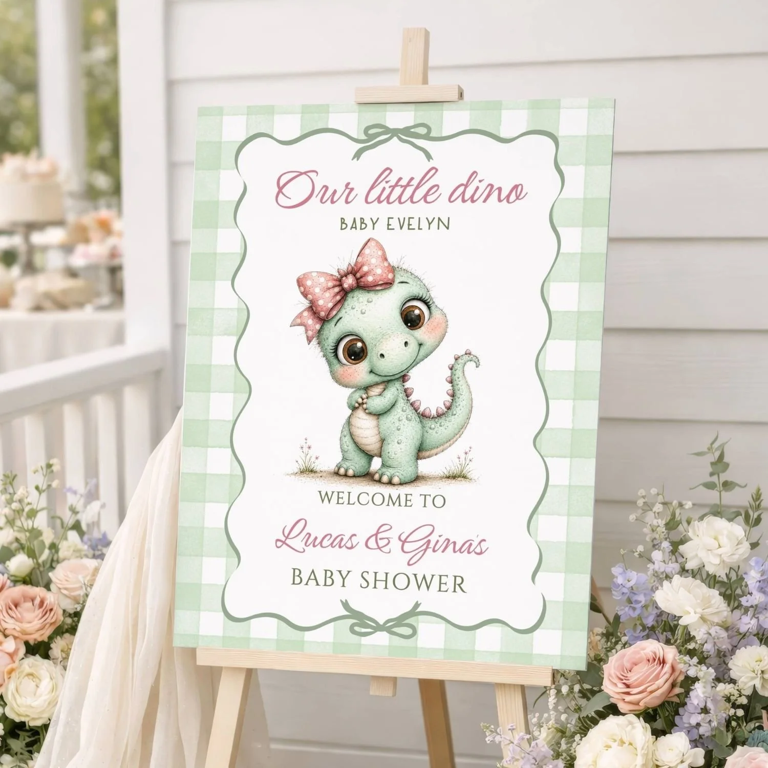 Our Little Dino Baby Shower Welcome Sign, Girl Dinosaur Welcome Poster, Pink Bow and Sage Green Gingham Decor #179